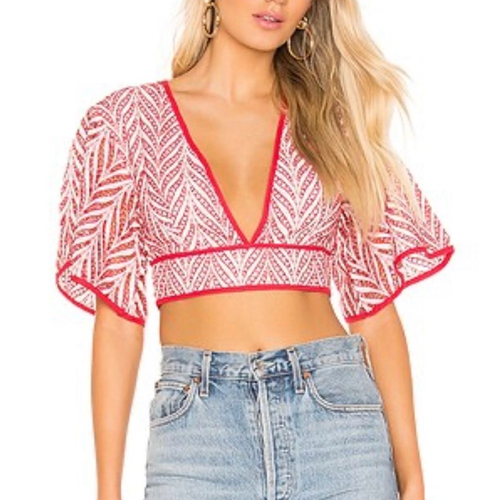 Lovers and Friends Bizzy Top Cropped Eyelet Red and White Summer SZ XXS EUC